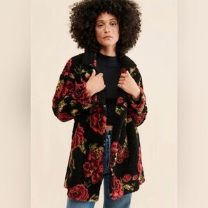 Anthropologie Rare Rose Sherpa Teddy Bear Coat Black Jacket Medium